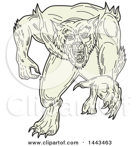Clipart of a Mono Line Styled Werewolf Running Forward - Royalty Free Vector Illustration by patrimonio