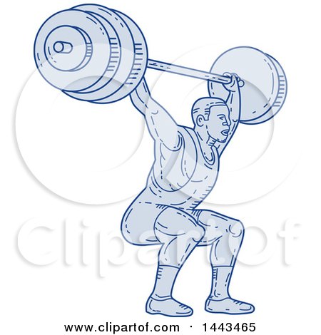 Clipart of a Mono Line Styled Strongman Bodybuilder Lifting a Barbell over His Head and Doing Squats - Royalty Free Vector Illustration by patrimonio