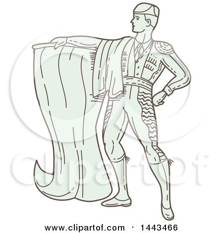 Clipart of a Mono Line Styled Spanish Matador Holding a Cape - Royalty Free Vector Illustration by patrimonio