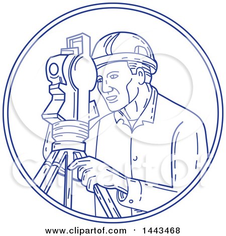 Clipart of a Mono Line Styled Male Surveyor Using a Theodolite - Royalty Free Vector Illustration by patrimonio