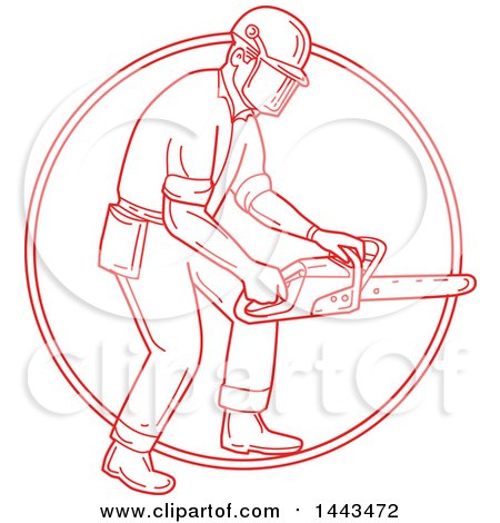 Clipart of a Mono Line Styled Red Lumberjack or Arborist Holding a Chainsaw in a Circle - Royalty Free Vector Illustration by patrimonio