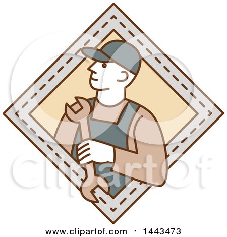 Clipart of a Mono Line Styled Mechanic Holding a Wrench in a Diamond - Royalty Free Vector Illustration by patrimonio