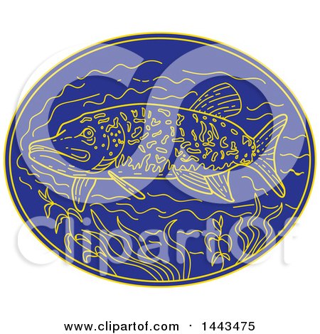 Clipart of a Mono Line Styled Northern Pike Fish in an Oval - Royalty Free Vector Illustration by patrimonio