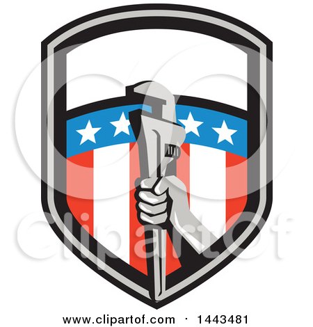 Clipart of a Retro Plumber Hand Holding a Pipe Monkey Wrench in an American Shield - Royalty Free Vector Illustration by patrimonio