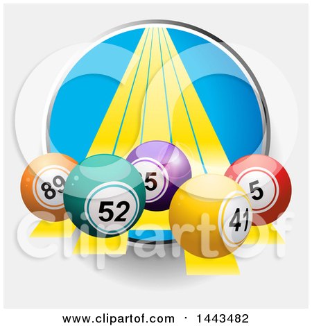 Clipart of a Circle with Yellow Lines and 3d Bingo Balls Emerging, on a Shaded Background - Royalty Free Vector Illustration by elaineitalia