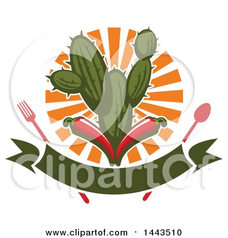 Clipart of a Mexican Food Cactus, Fork, Spoon, Sun, Banner and Red Chili Peppers Design - Royalty Free Vector Illustration by Vector Tradition SM