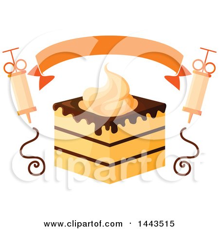 Clipart of a Layered Cake with Chocolate and Whipped Cream, a Banner and Chocolate Syringes - Royalty Free Vector Illustration by Vector Tradition SM