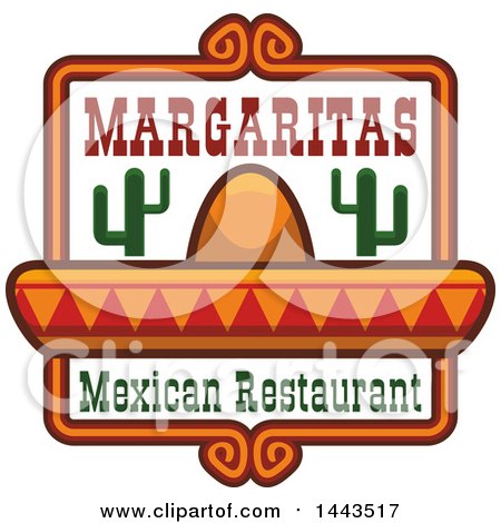 Clipart of a Mexican Restaurant Design with Margaritas Text, a Sombrero and Cactus - Royalty Free Vector Illustration by Vector Tradition SM
