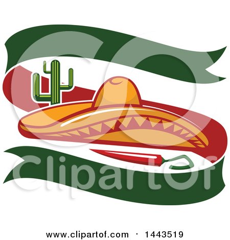 Clipart of a Mexican Food Cactus, Chili Pepper, Sombrero Hat and Banner Design - Royalty Free Vector Illustration by Vector Tradition SM