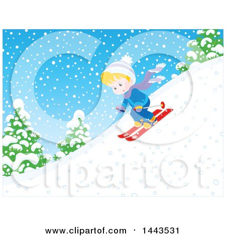 Clipart of a Blond White Boy Skiing down a Snowy Hill - Royalty Free Vector Illustration by Alex Bannykh
