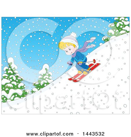 Clipart of a Cartoon Blond Caucasian Boy Skiing down a Snowy Hill - Royalty Free Vector Illustration by Alex Bannykh