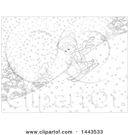 Clipart of a Cartoon Black and White Lineart Boy Skiing down a Snowy Hill - Royalty Free Vector Illustration by Alex Bannykh