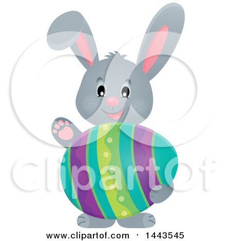 Clipart of a Gray Easter Bunny Rabbit Holding a Decorated Egg - Royalty Free Vector Illustration by visekart