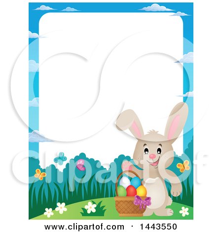 Clipart of a Border of a Beige Bunny Rabbit Waving by an Easter Basket - Royalty Free Vector Illustration by visekart