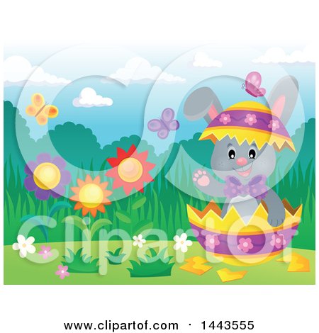 Clipart of a Gray Easter Bunny Rabbit in a Cracked Decorated Egg Shell in a Spring Landscape - Royalty Free Vector Illustration by visekart