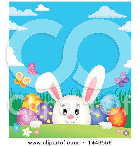 Clipart of a White Easter Bunny Rabbit Peeking over a Hill with Butterflies and Decorated Eggs - Royalty Free Vector Illustration by visekart