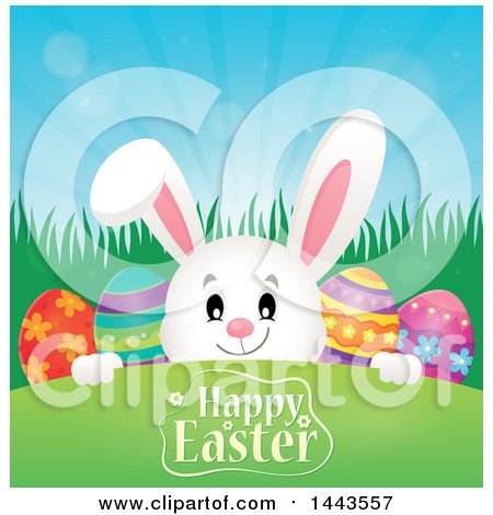 Clipart of a White Bunny Rabbit Peeking over a Hill with Eggs and Happy Easter Text - Royalty Free Vector Illustration by visekart
