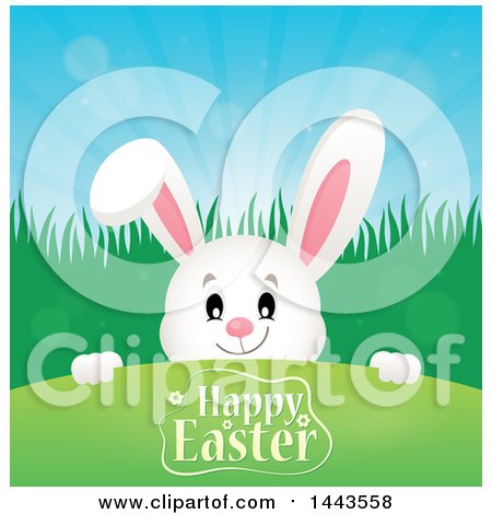 Clipart of a White Easter Bunny Rabbit Peeking over a Hill with Happy Easter Text - Royalty Free Vector Illustration by visekart