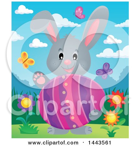Clipart of a Gray Easter Bunny Rabbit Holding a Decorated Egg - Royalty Free Vector Illustration by visekart