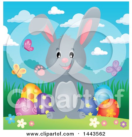 Clipart of a Gray Easter Bunny Rabbit Waving by Decorated Eggs - Royalty Free Vector Illustration by visekart