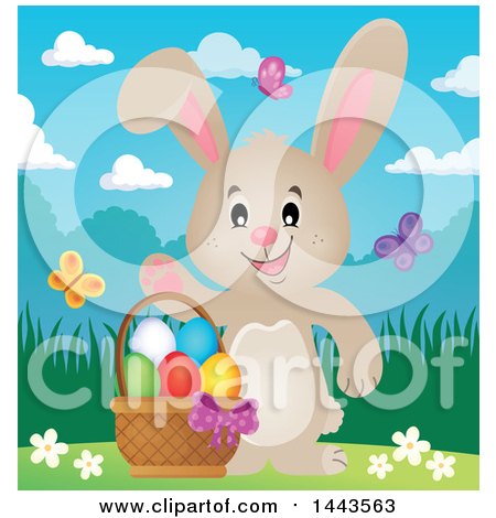 Clipart of a Beige Bunny Rabbit Waving by an Easter Basket, with Butterflies - Royalty Free Vector Illustration by visekart
