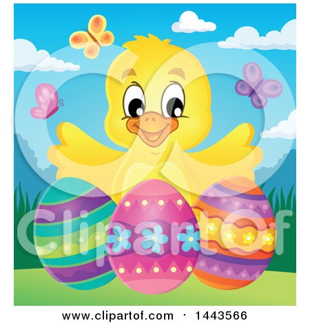 Clipart of a Happy Yellow Chick with Easter Eggs and Butterflies on a Spring Day - Royalty Free Vector Illustration by visekart