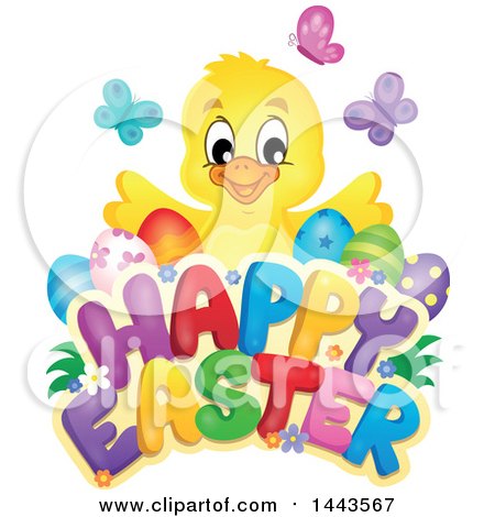 Clipart of a Yellow Chick with Eggs and Butterflies over Happy Easter Text - Royalty Free Vector Illustration by visekart