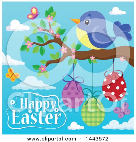 Clipart of a Bird on a Branch with Hanging Eggs, Butterflies, Blossoms and Happy Easter Text - Royalty Free Vector Illustration by visekart