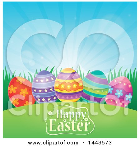 Clipart of Decorated Eggs in Grass over Happy Easter Text and Sunshine - Royalty Free Vector Illustration by visekart