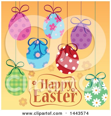 Clipart of Happy Easter Greeting with Sunspended Decorated Eggs over Orange - Royalty Free Vector Illustration by visekart