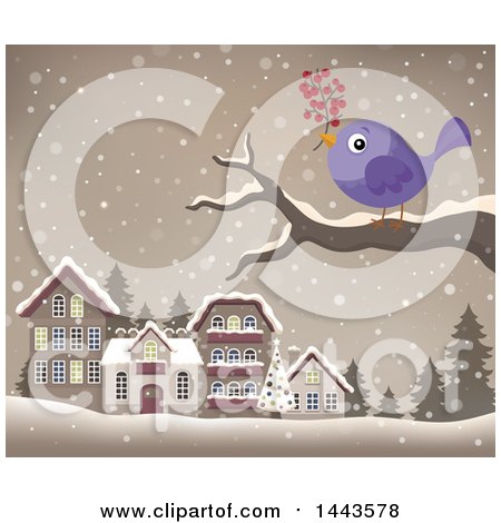 Clipart of a Purple Bird Holding a Berry Twig on a Branch Against a Snowy Village - Royalty Free Vector Illustration by visekart
