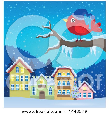Clipart of a Red Bird Wearing a Hat on a Branch Against a Snowy Village - Royalty Free Vector Illustration by visekart
