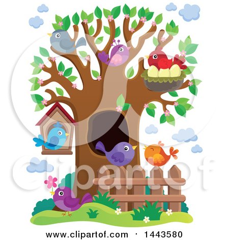 Clipart of a Busy Spring Tree with Birds - Royalty Free Vector Illustration by visekart