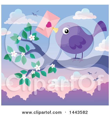 Clipart of a Purple Bird Holding a Valentine Envelope on a Branch at Sunset - Royalty Free Vector Illustration by visekart