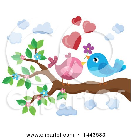 Clipart of a Love Bird Valentine Couple with Hearts and a Flower on a Branch - Royalty Free Vector Illustration by visekart