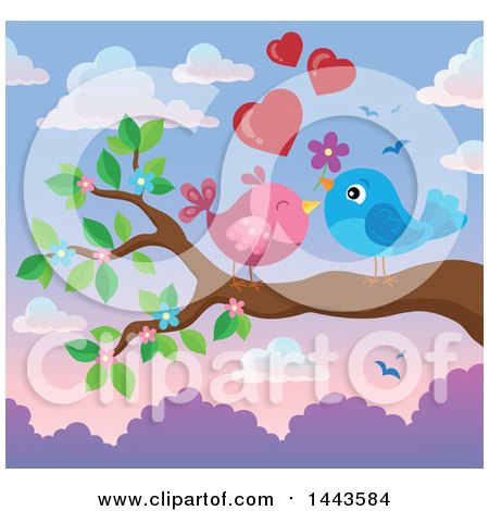 Clipart of a Love Bird Valentine Couple with Hearts and a Flower on a Branch at Sunset - Royalty Free Vector Illustration by visekart