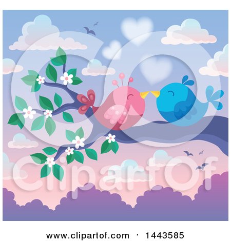 Clipart of a Love Bird Valentine Couple Kissing on a Branch - Royalty Free Vector Illustration by visekart