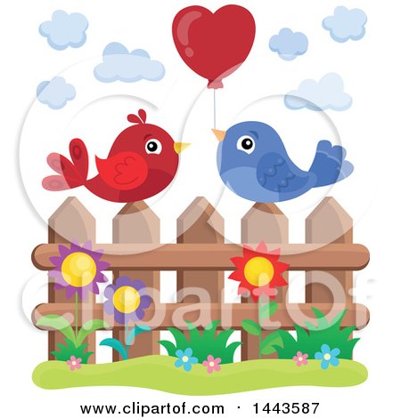Clipart of a Love Bird Valentine Couple with a Heart Balloon on a Fence - Royalty Free Vector Illustration by visekart