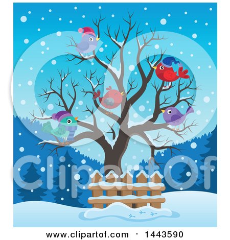Clipart of a Bare Winter Tree with Busy Birds on a Snowy Evening - Royalty Free Vector Illustration by visekart