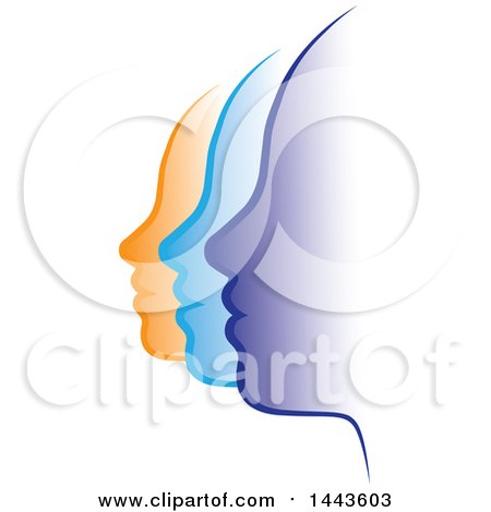 Clipart of a Row of Profiled Purple Blue and Orange Female Faces - Royalty Free Vector Illustration by ColorMagic