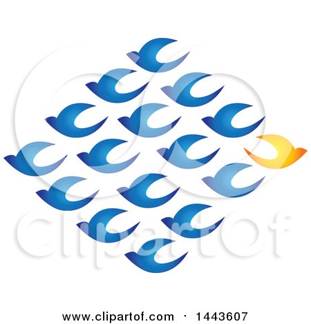 Clipart of a Diamond of Blue Birds Flying in One Directiona Nd a Yellow Bird Flying in the Opposite Direction - Royalty Free Vector Illustration by ColorMagic