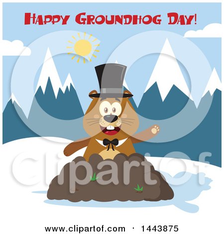 Clipart of a Flat Styled Groundhog Mascot Wearing a Top Hat and Waving in a Pile of Dirt in the Mountains, with Text - Royalty Free Vector Illustration by Hit Toon