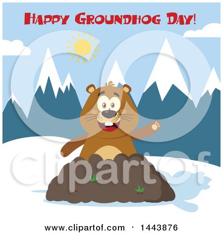 Clipart of a Flat Styled Groundhog Mascot Waving in a Pile of Dirt in the Mountains, with Text - Royalty Free Vector Illustration by Hit Toon
