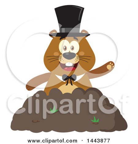 Clipart of a Flat Styled Groundhog Mascot Wearing a Top Hat and Waving in a Pile of Dirt - Royalty Free Vector Illustration by Hit Toon