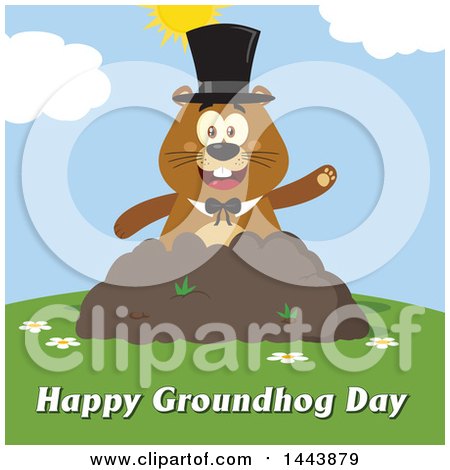 Clipart of a Flat Styled Groundhog Mascot Wearing a Top Hat and Waving in a Pile of Dirt on a Sunny Day, with Text - Royalty Free Vector Illustration by Hit Toon