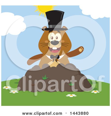 Clipart of a Flat Styled Groundhog Mascot Wearing a Top Hat and Waving in a Pile of Dirt on a Sunny Day - Royalty Free Vector Illustration by Hit Toon