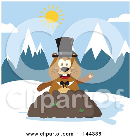 Clipart of a Flat Styled Groundhog Mascot Wearing a Top Hat and Waving in a Pile of Dirt in the Mountains - Royalty Free Vector Illustration by Hit Toon