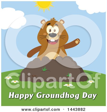 Clipart of a Flat Styled Groundhog Mascot Waving in a Pile of Dirt on a Sunny Day, with Text - Royalty Free Vector Illustration by Hit Toon