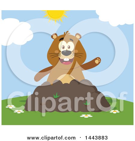 Clipart of a Flat Styled Groundhog Mascot Waving in a Pile of Dirt on a Sunny Day - Royalty Free Vector Illustration by Hit Toon