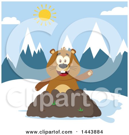 Clipart of a Flat Styled Groundhog Mascot Waving in a Pile of Dirt in the Mountains - Royalty Free Vector Illustration by Hit Toon